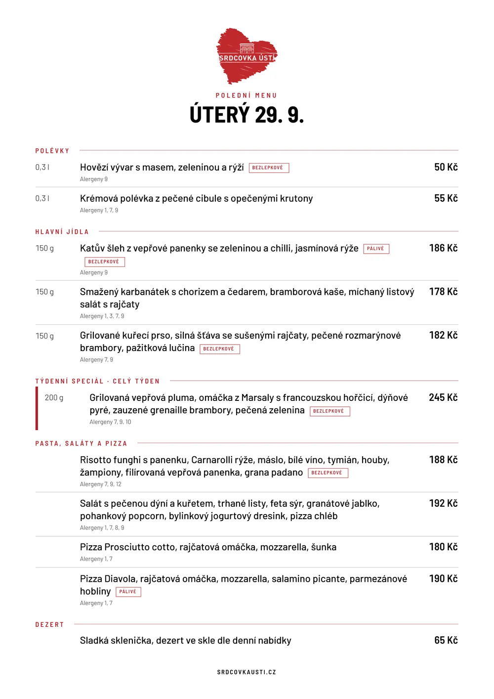 Jídelák A4 k vytištění s alergeny a gramáží