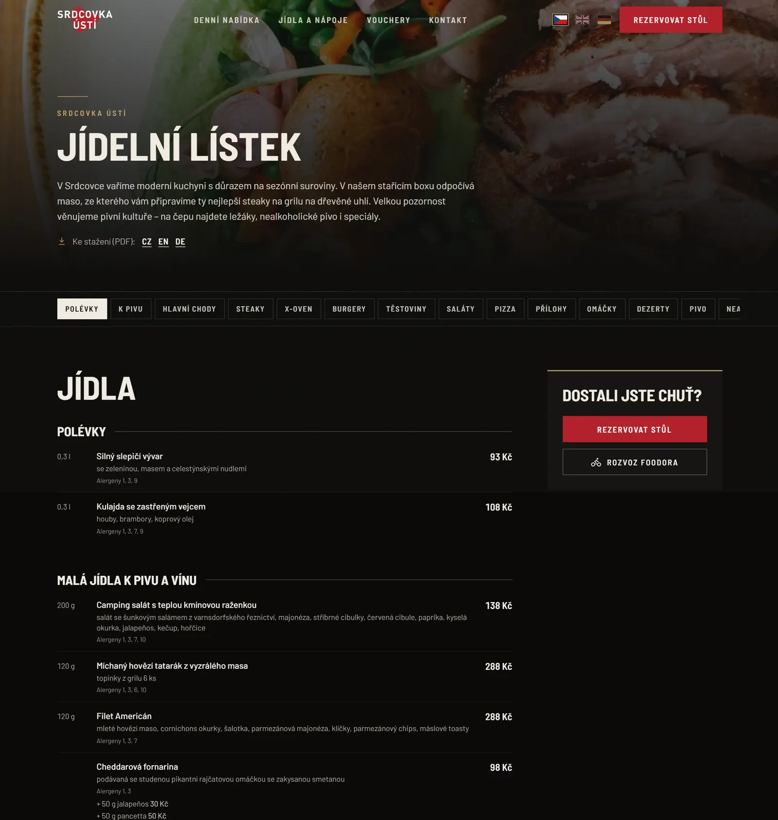 Stálý jídelní lístek s navigací po sekcích